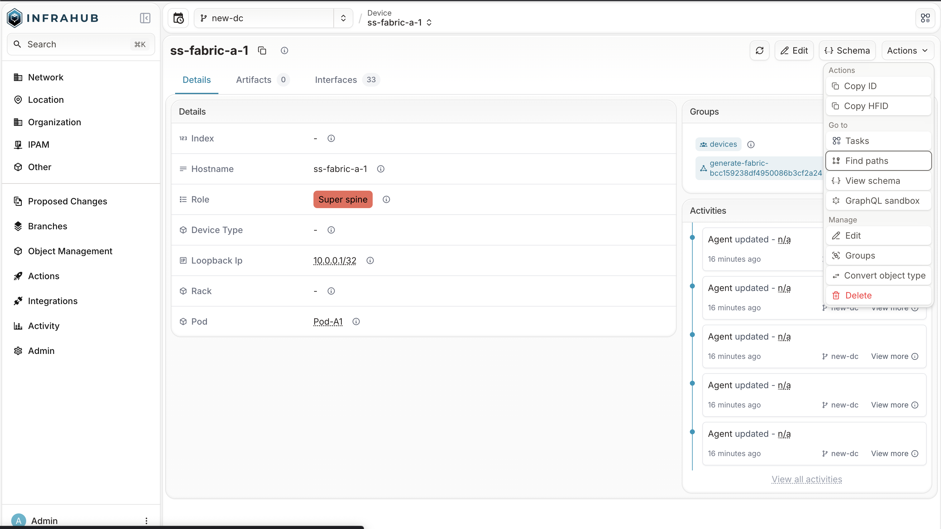 The Find paths entry in an object's Actions menu